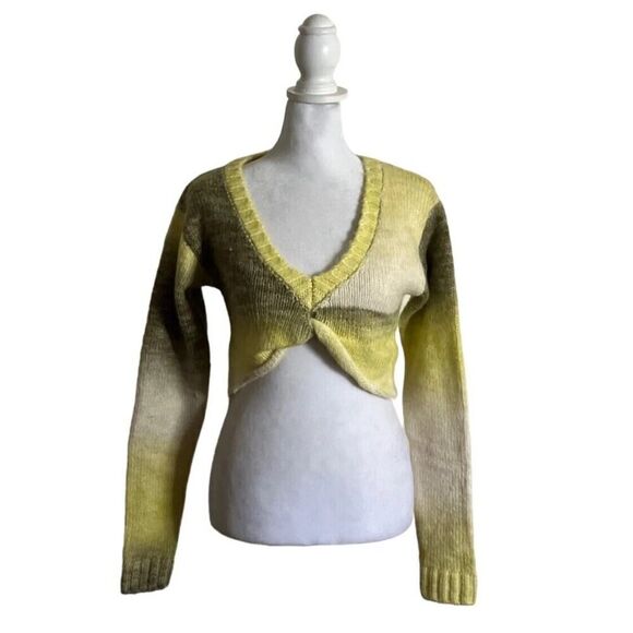For Love & Lemons Celeste Twist Front Crop Sweater Yellow Green Cozy NWT Size S - Picture 4 of 11